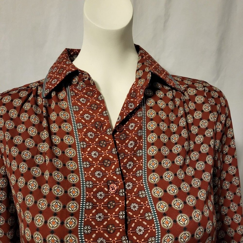 MAX STUDIO Women's Long-Sleeve Blouse Red & Tan Geometric Design Size XSmall NWT - Picture 3 of 7